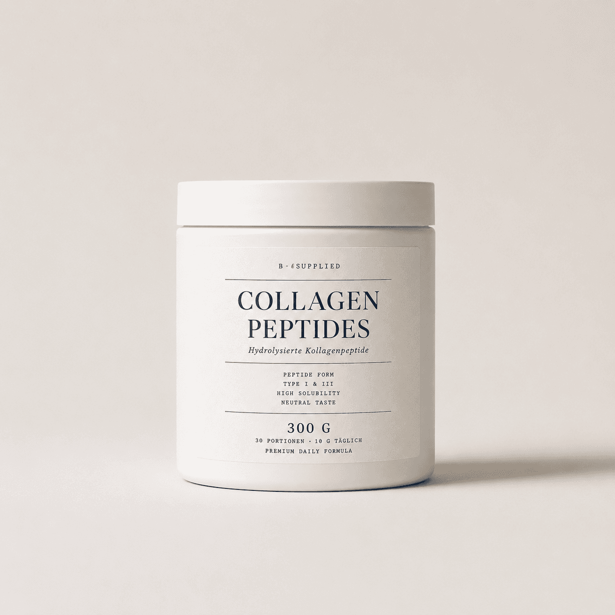 B/SUPPLIED Collagen Peptides — weiße Dose mit Natural-Cream-Etikett